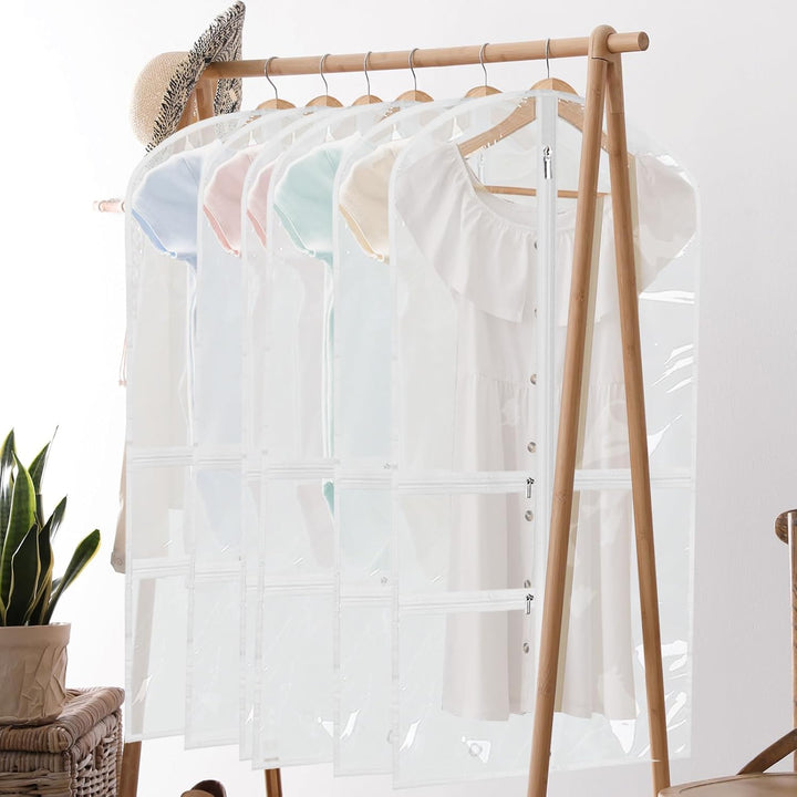 Space-saving 5-pack foldable garment bags for travel. Zipped pockets keep essentials secure & organized.
