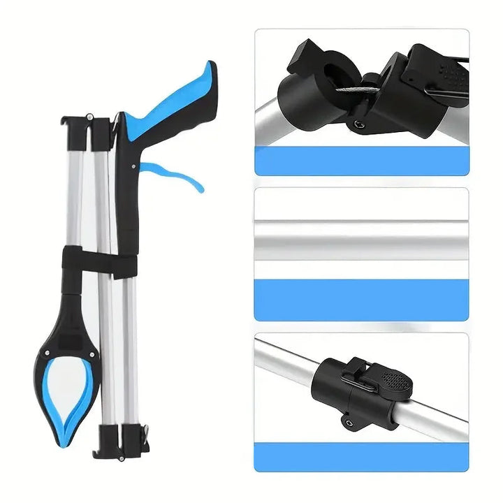 Foldable reacher grabber extended, demonstrating its long reach for various household tasks