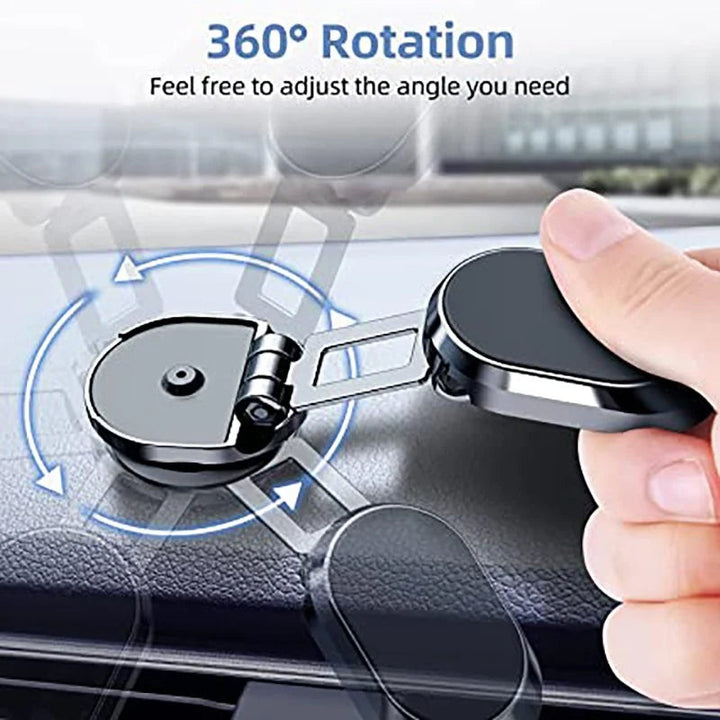 Magnetic car phone mount with foldable arm for dashboard, secure and universal