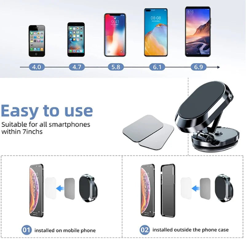 Universal foldable car phone holder, magnetic attachment for vehicles, dashboard mount