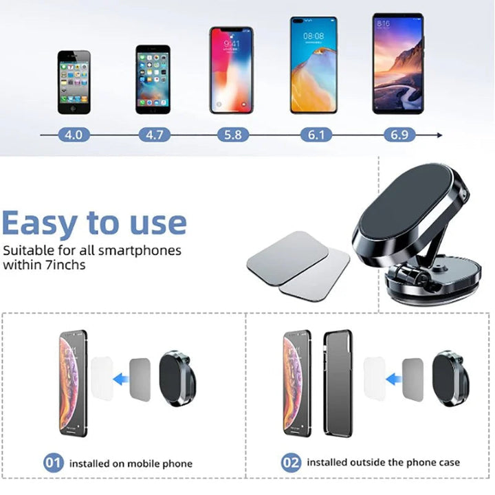 Universal foldable car phone holder, magnetic attachment for vehicles, dashboard mount
