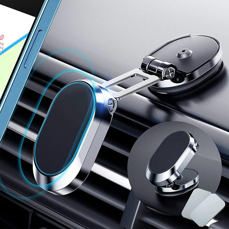 Compact foldable magnetic car phone mount, universal for any smartphone on dashboard