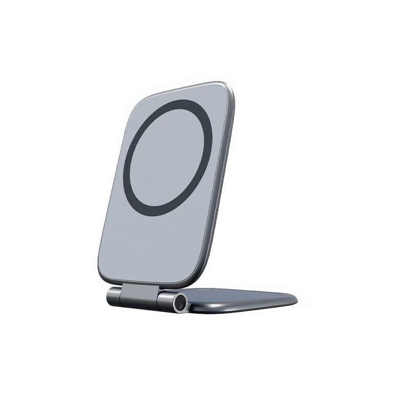 Foldable magnetic car phone mount in use on vehicle dashboard, providing optimal viewing angle