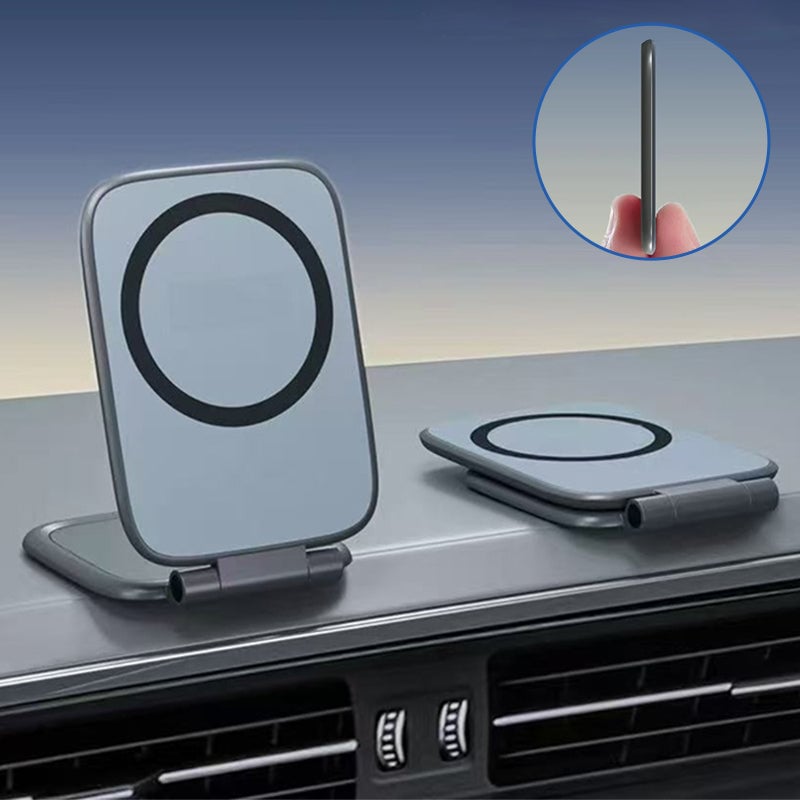 Universal magnetic car phone mount, folded flat on a car dashboard, compact auto accessory