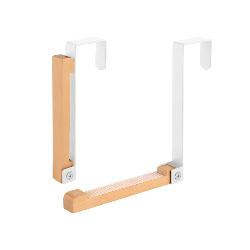 Packaging shot for foldable over-the-door hooks with wood and metal, ready for retail.
