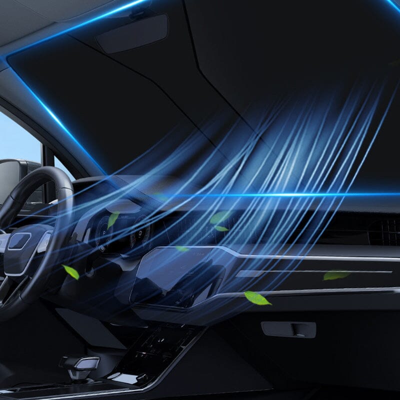 Universal car sunshade with steering wheel protection, keeps vehicle cool, easy to install