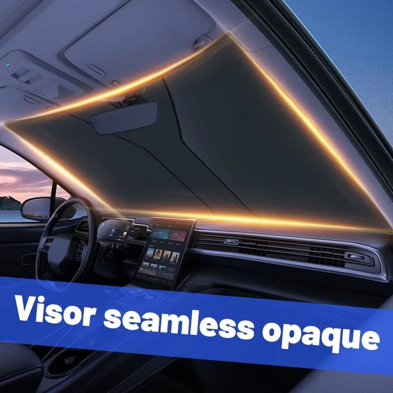 Silver universal windshield sunshade with black steering wheel cover, glare reduction, durable