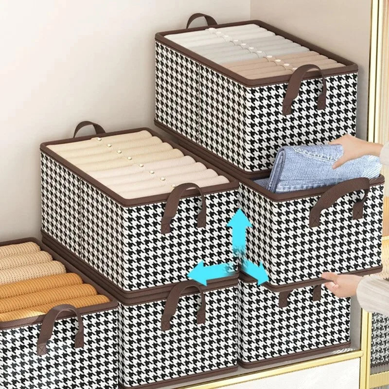 Foldable wardrobe organizer bin showing various compartments for efficient clothing and jeans storage
