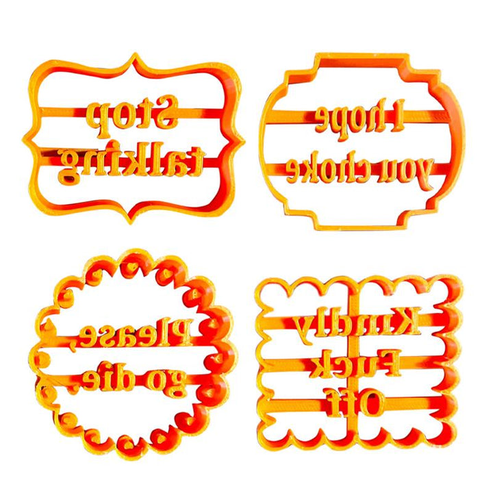 Novelty cookie cutters: a four-piece orange plastic set with various fun phrases for baking.