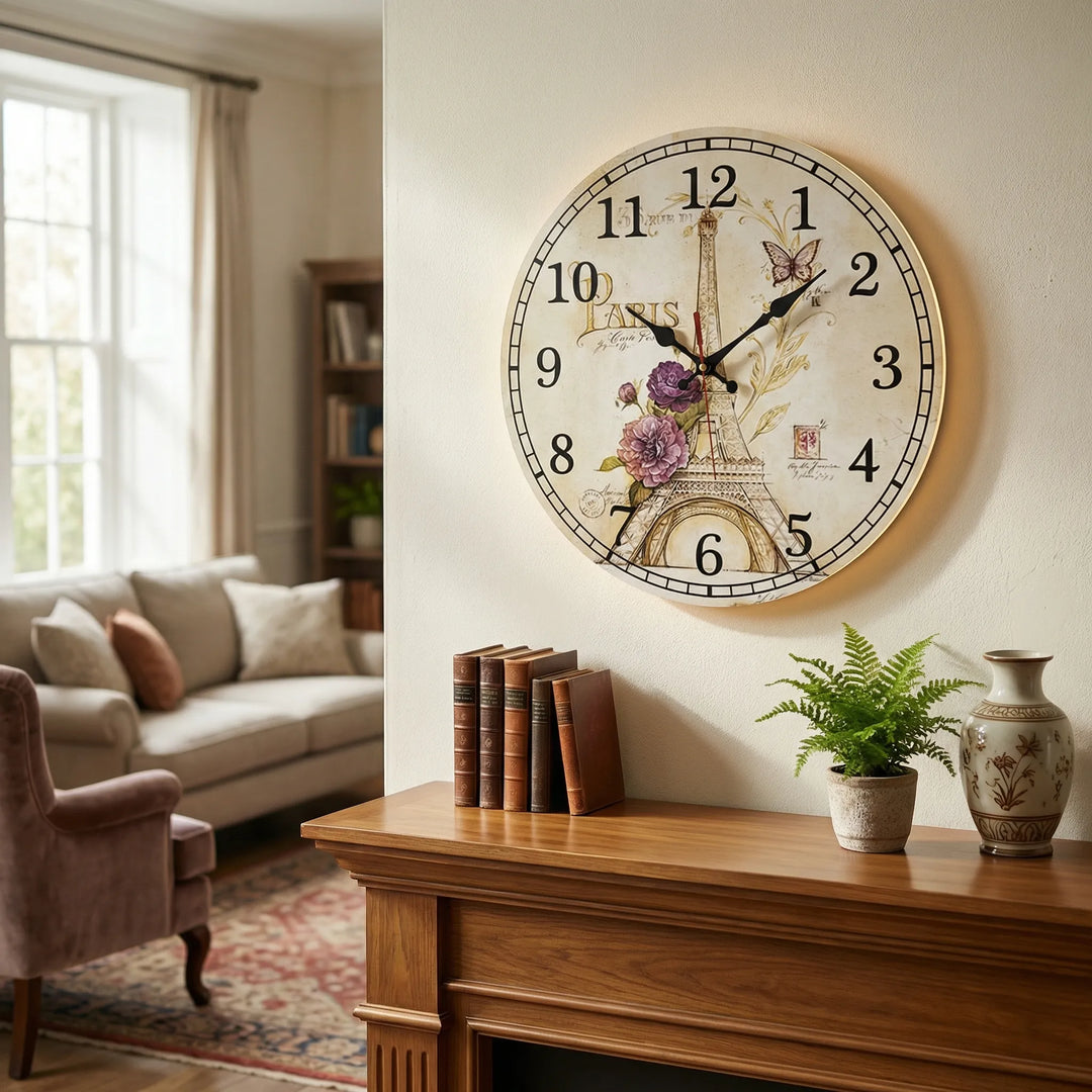 French Country style round decorative wall clock. Vintage distressed finish, perfect for living room or kitchen decor.