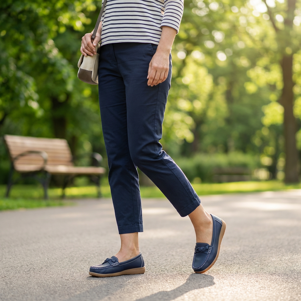 Side view of comfortable women's loafers with arch support, ideal for walking and casual wear.