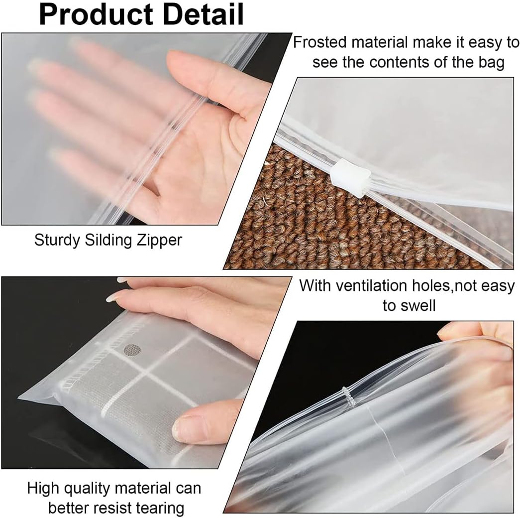 Durable & waterproof resealable frosted bags, great for protecting clothing & household items.