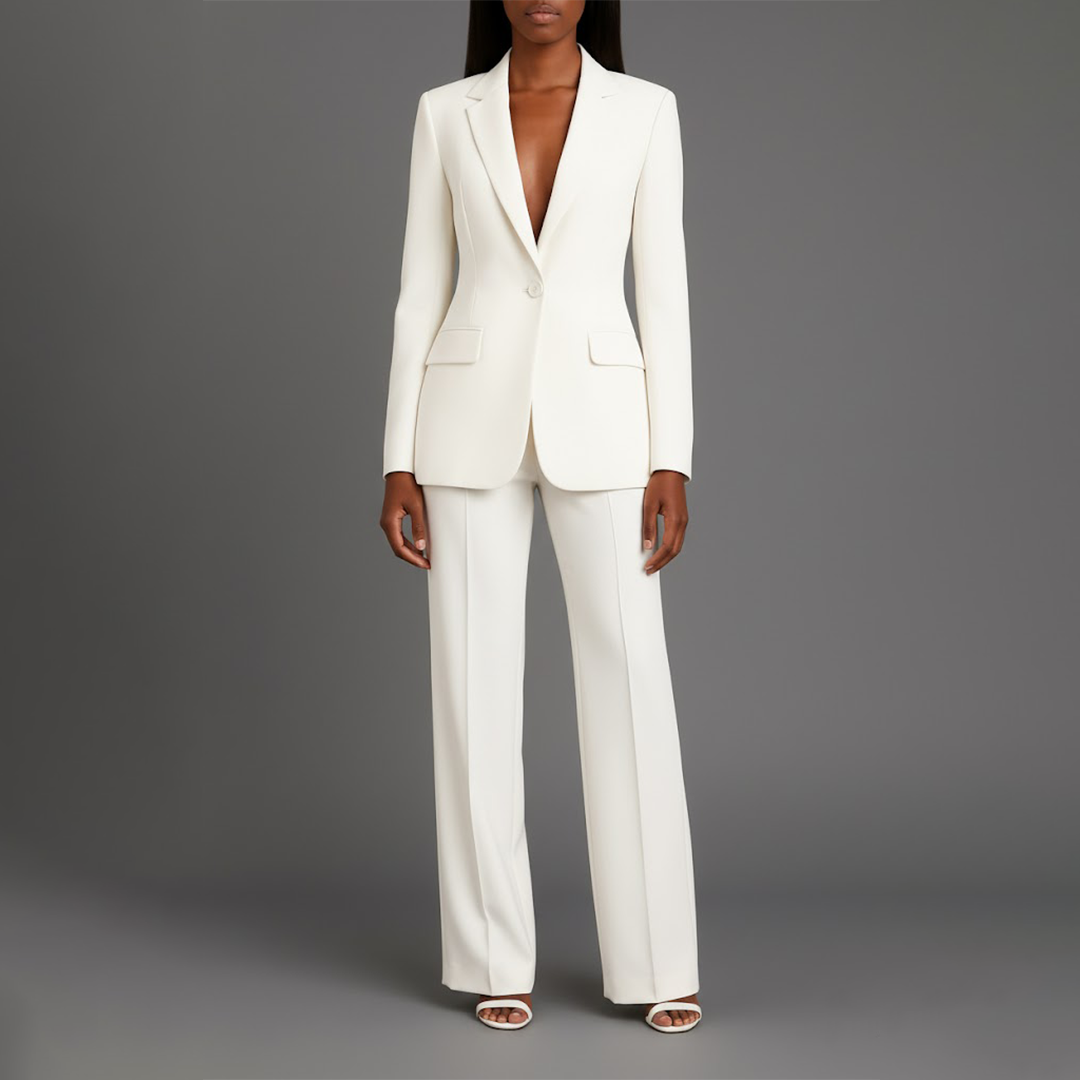 Full-length view of a women's tailored long formal suit set, perfect for professional business attire.