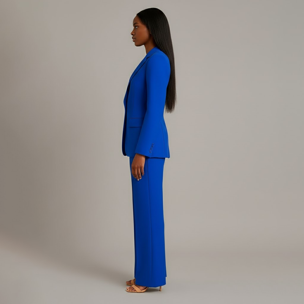 Side view of a women's sophisticated tailored suit, a long blazer and trousers for professionals.