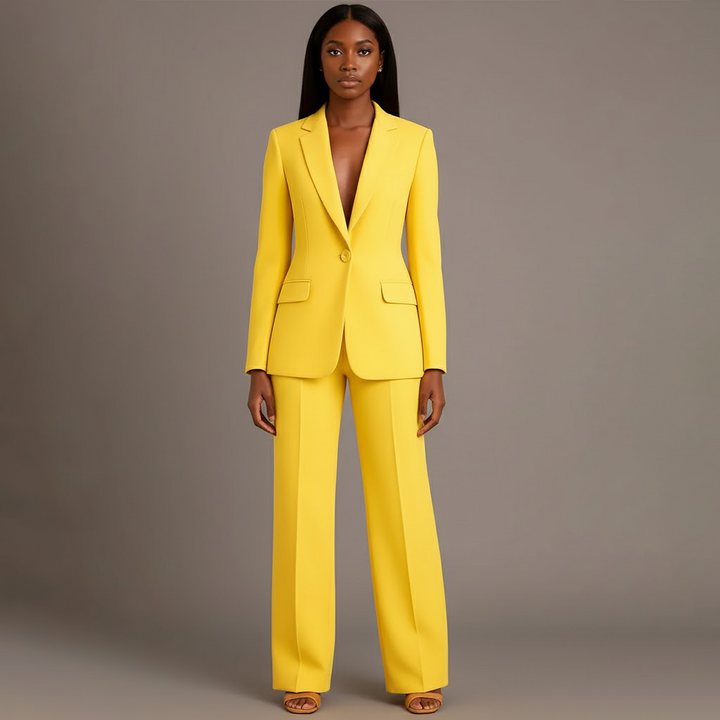 Sophisticated women's tailored suit in black, a two-piece set for enduring professional style.