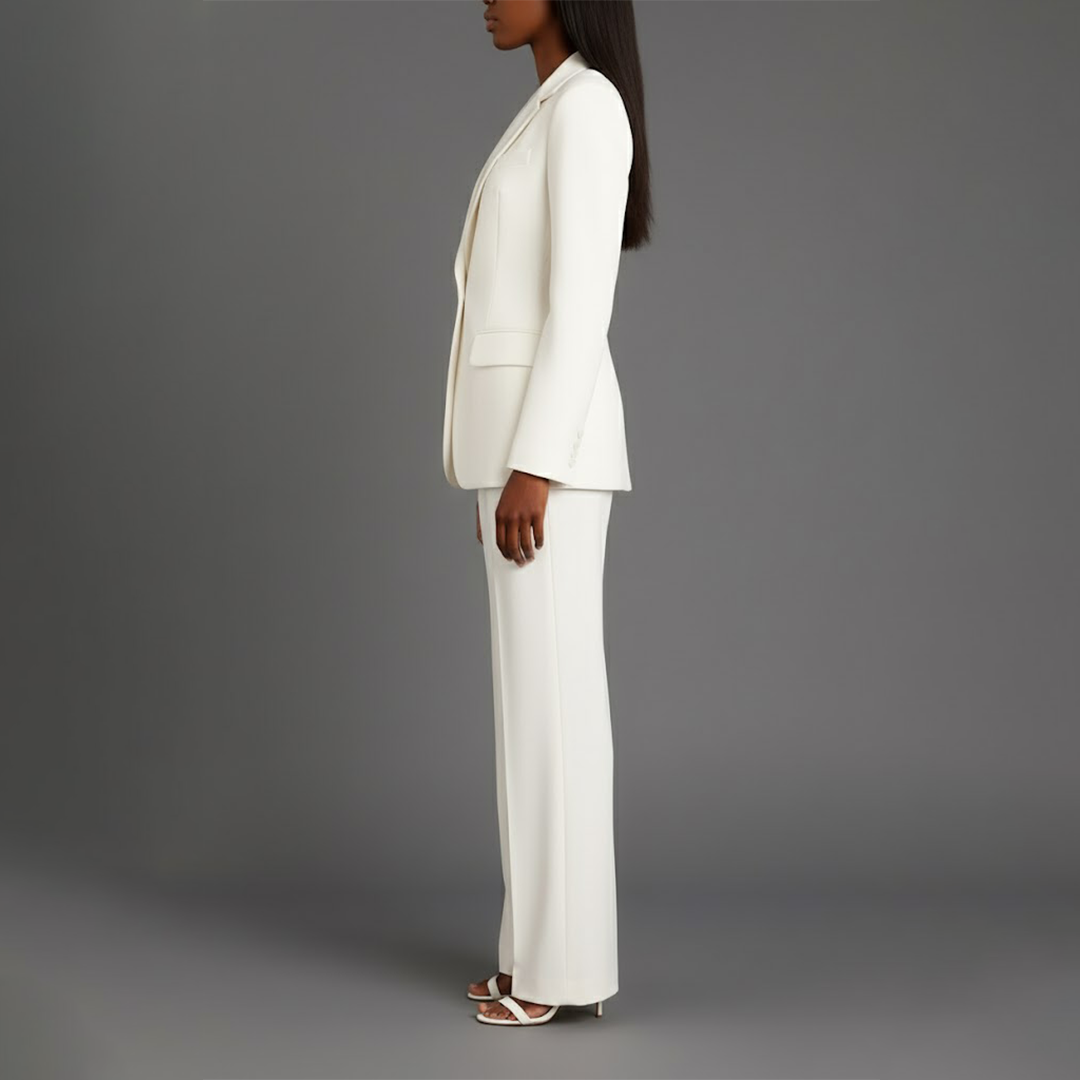 Sophisticated two-piece women's formal suit for professionals, featuring a tailored blazer and pants.