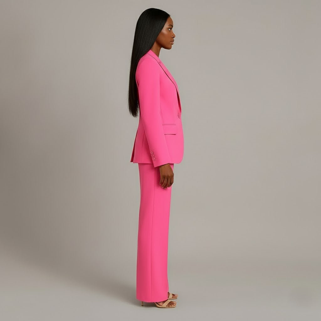 Model wearing a grey women's tailored long formal suit set, showcasing its flattering fit.