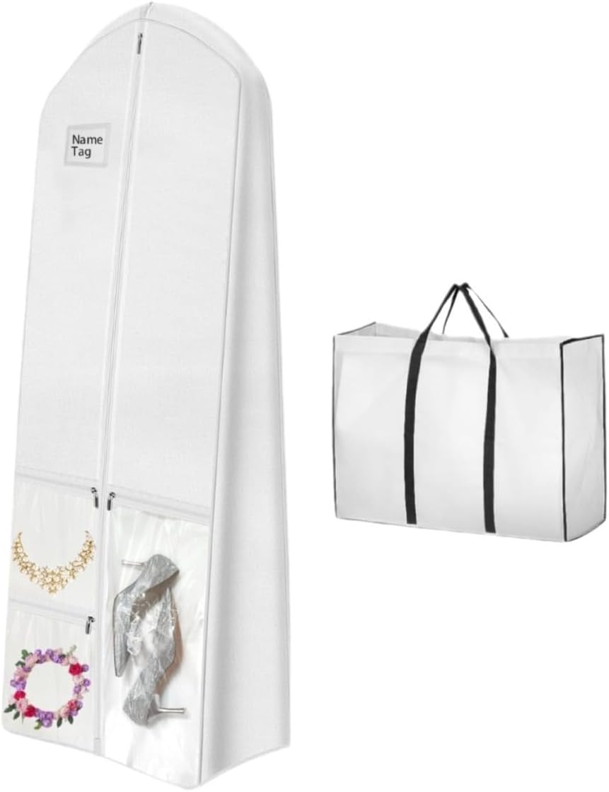 Full-length wedding dress garment bag for bridal gown protection. Dustproof cover for storage & travel.