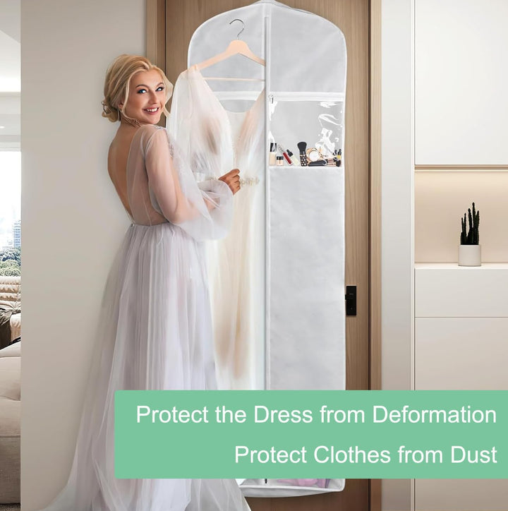 Premium wedding dress garment bag, also suitable for long formal gowns & evening wear. Dustproof home storage solution.