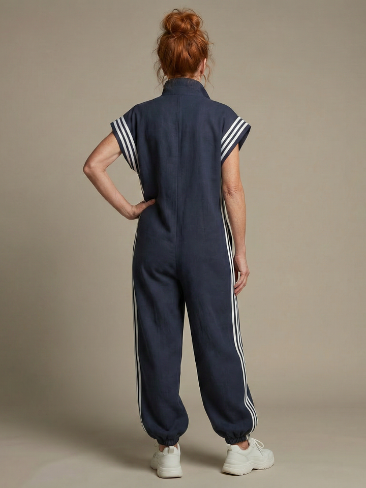 Women's versatile full-length jumpsuit, high neck, cap sleeve, stylish side stripe accents.