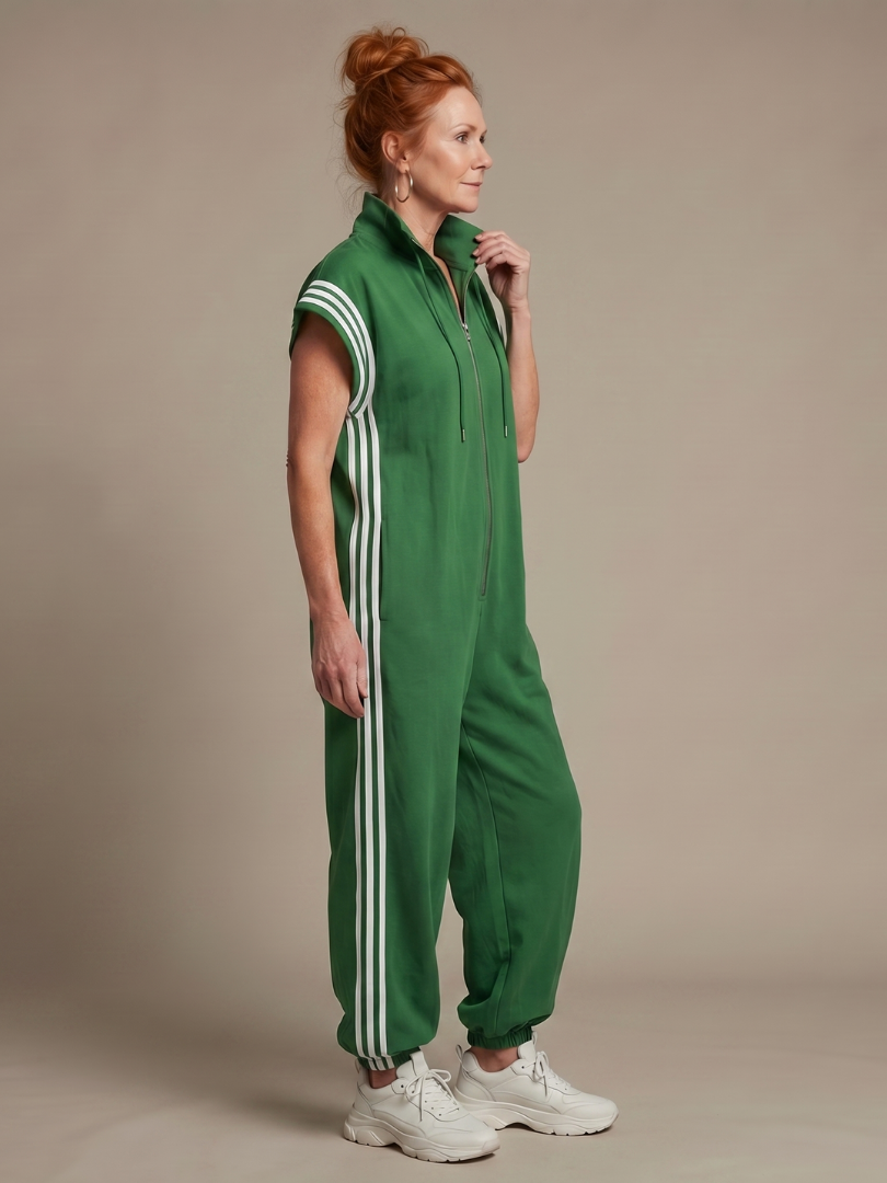 Sporty women's full-length jumpsuit, zip front, side stripe detail, versatile fashion.