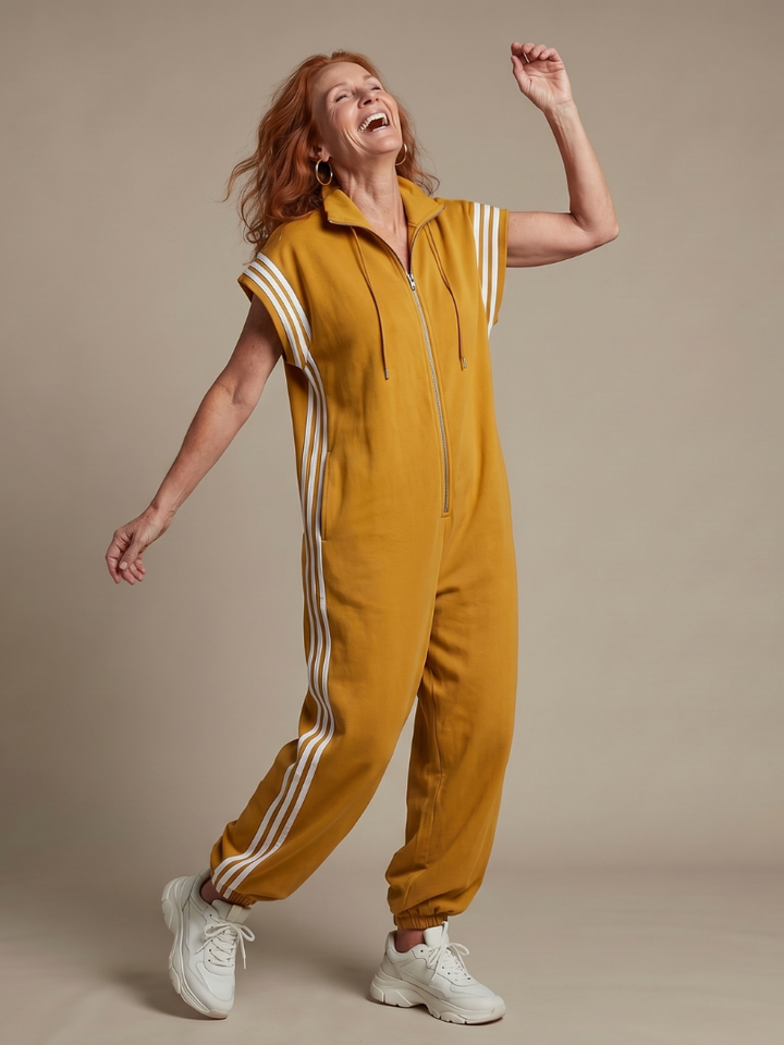 Elegant women's full-length jumpsuit, cap sleeve, high neck, eye-catching side stripe design.