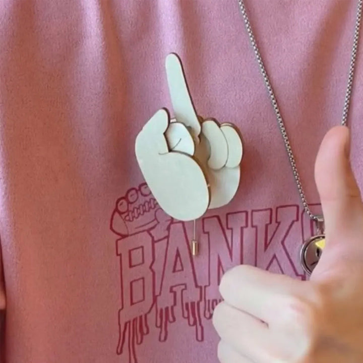 Unique jewelry: wooden flippable finger brooch, a humorous accessory and DIY craft kit.