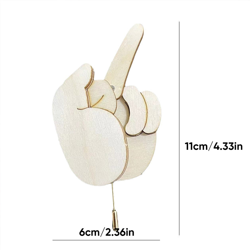 Funny gift idea: wooden flippable finger brooch, a humorous novelty pin and stress relief accessory.
