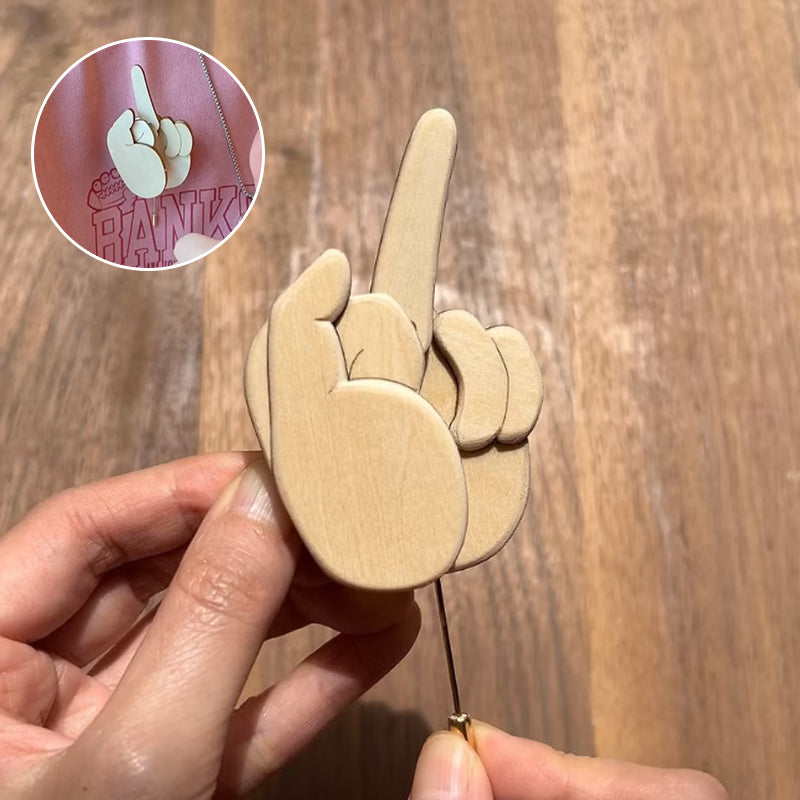 DIY kit for a humorous wooden flippable finger brooch, a unique jewelry craft kit and funny gift.