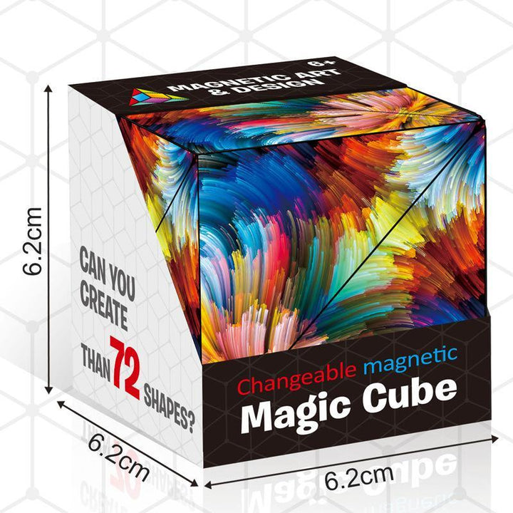 Overhead view of geometric magnetic fidget cube puzzle, demonstrating intricate design