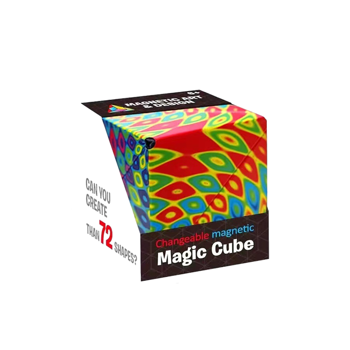 Geometric magnetic cube held against a blurred background, emphasizing the toy itself