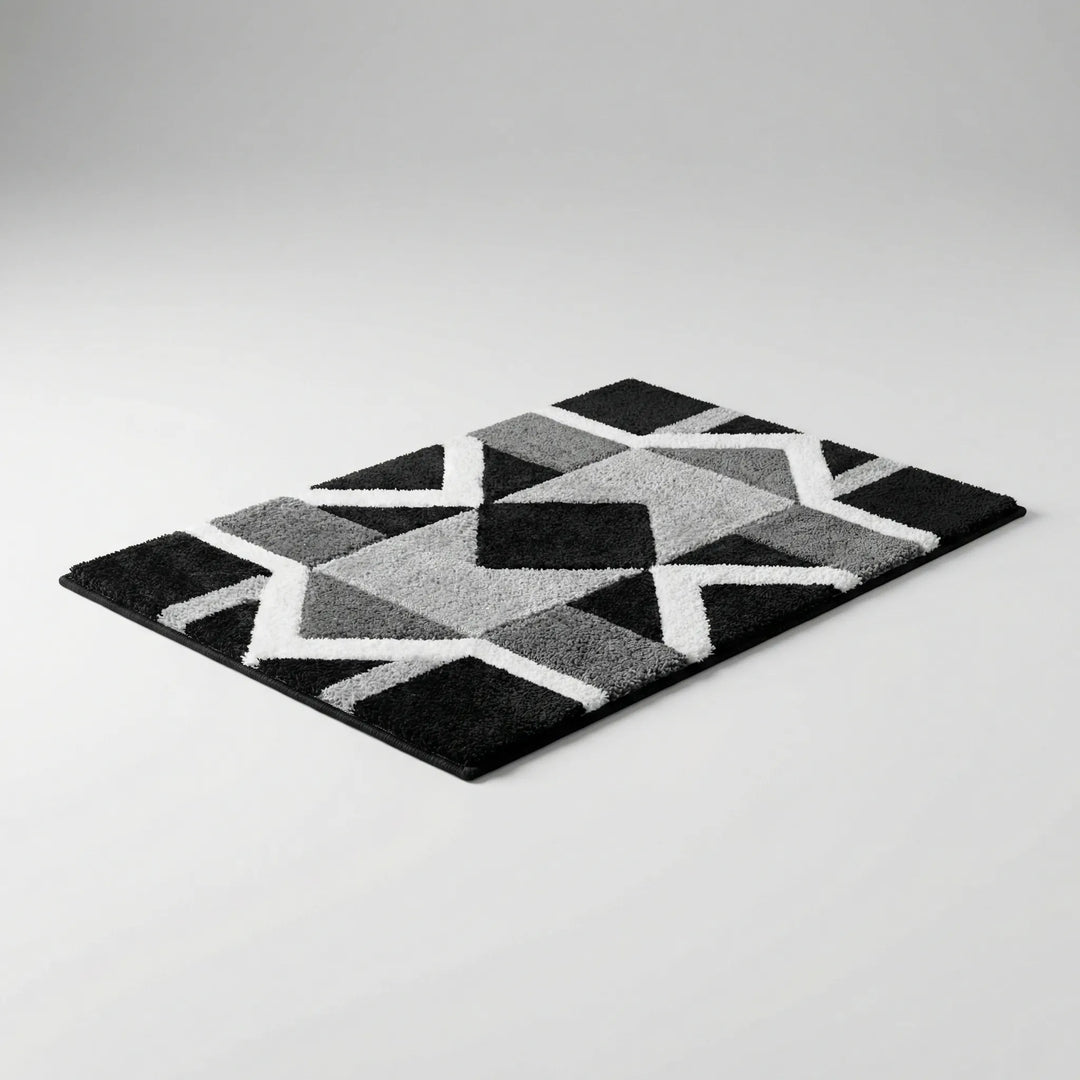 Flowique geometric statement area rug. Non-slip, absorbent floor mat ideal for entryways & kitchens.