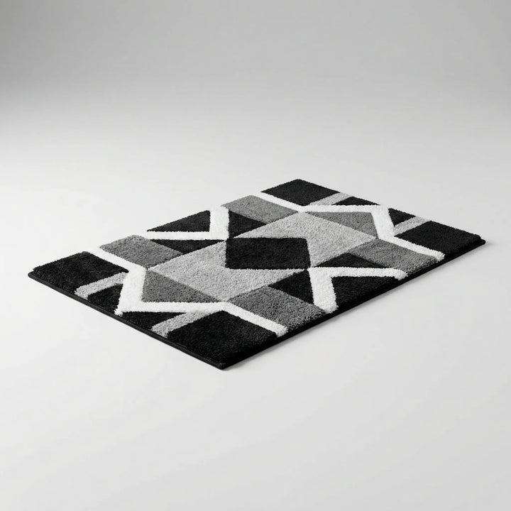Flowique geometric statement area rug. Non-slip, absorbent floor mat ideal for entryways & kitchens.