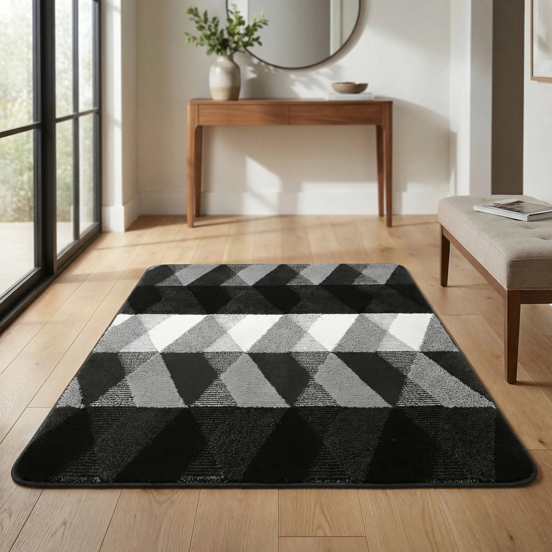 Absorbent geometric non-slip door mat. Flowique wave pattern enhances entry, kitchen, and home decor.
