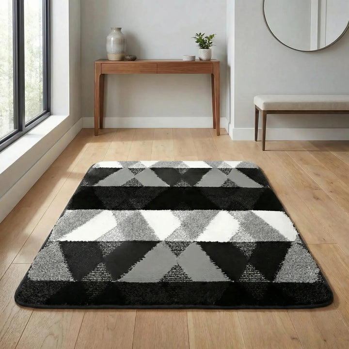 Vibrant geometric pattern entry mat. Non-slip mudroom floor mat with unique wave design for home.