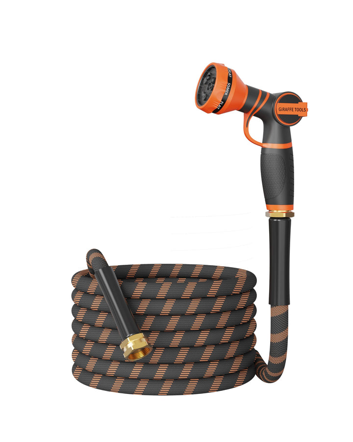 Giraffe Tools 50ft non-expandable garden hose with 9-pattern nozzle, kink-free heavy-duty for outdoor watering