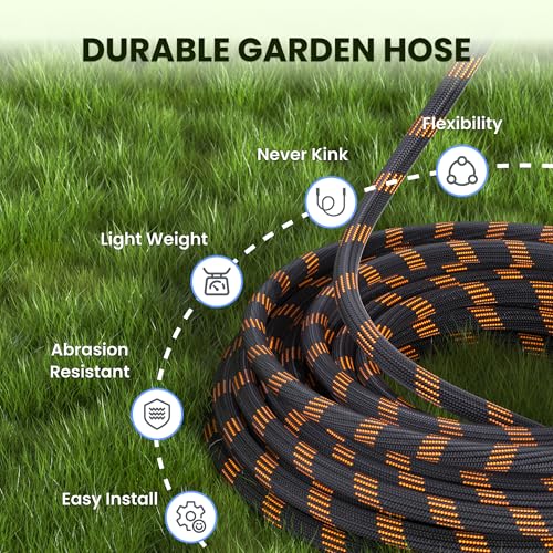 Close-up of flexible, durable Giraffe Tools garden hose and versatile 9-pattern watering nozzle for gardening