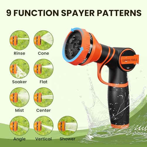 Giraffe Tools non-expandable garden hose proudly coiled with its 9-pattern nozzle, ideal for durable usage
