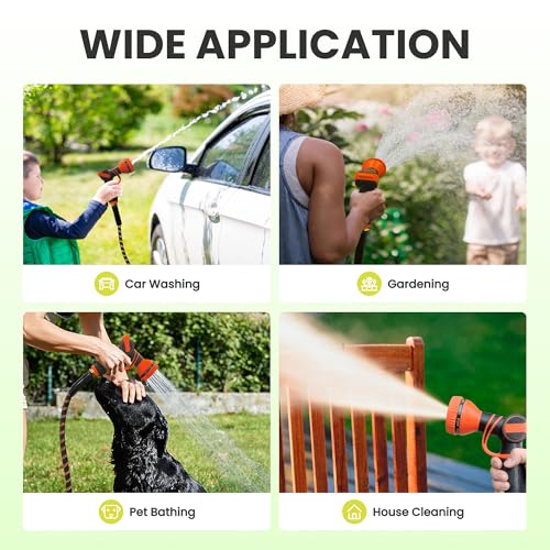 Detail of ergonomic 9-pattern nozzle attached to a flexible Giraffe Tools garden hose, perfect for gardening