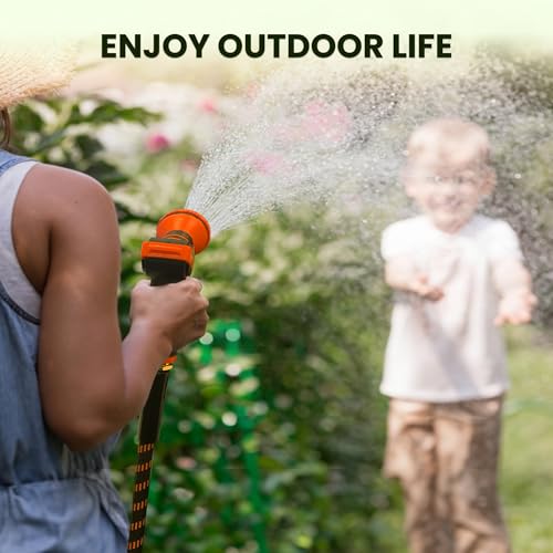 Tangle-free Giraffe Tools garden hose, heavy-duty and durable, next to a watering can for outdoor tasks