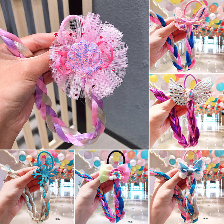 Close-up of a vibrant braided hair extension with multiple colors for girls' hair