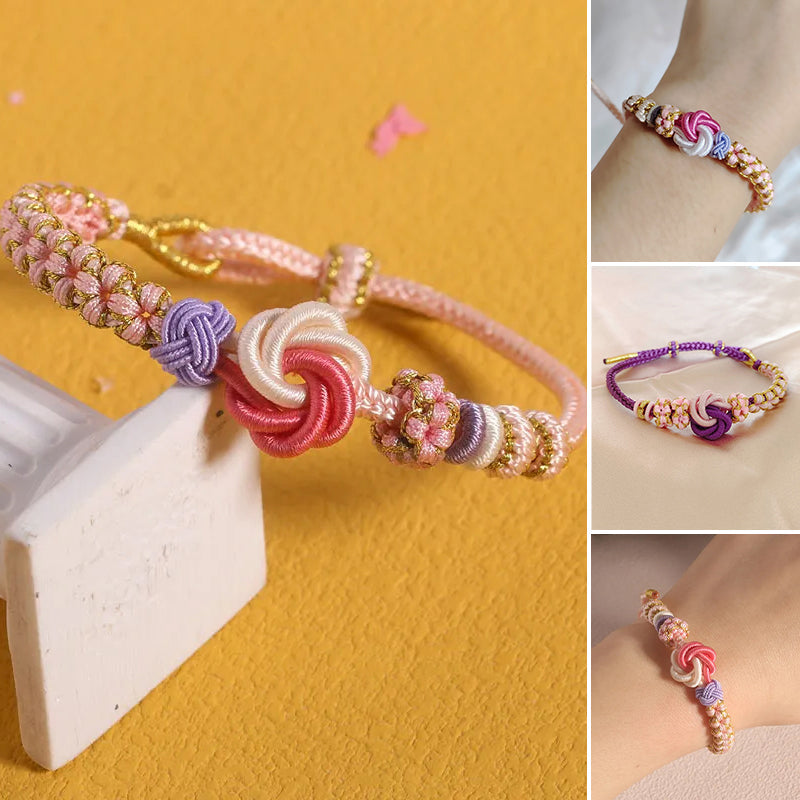 Girls' peach blossom knot braided bracelet, pink & white cords, adjustable fit, perfect kids jewelry gift