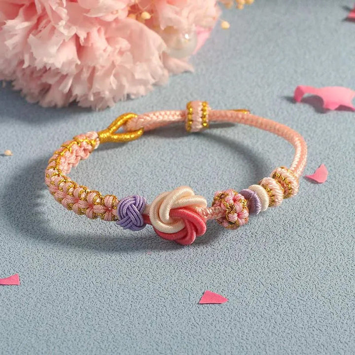 Collection of peach blossom knot braided bracelets, various sizes & colors, great for birthday gifts