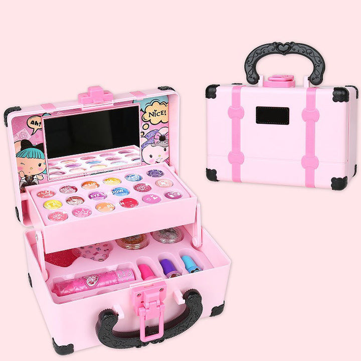 Nontoxic washable makeup kit for children, featuring vibrant colors and a practical case