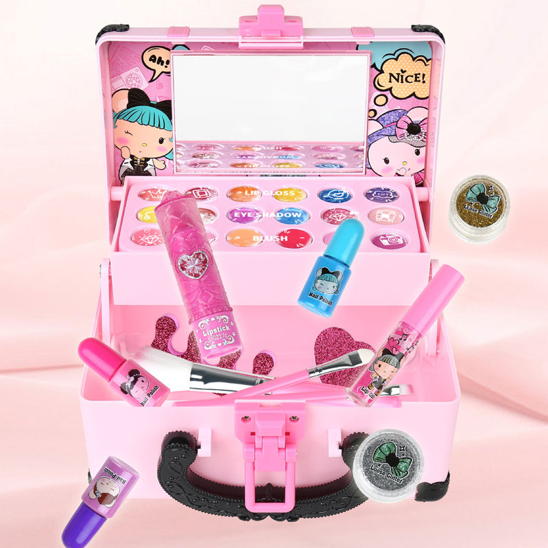 Happy girl holding her new portable washable play makeup kit, a perfect beauty gift