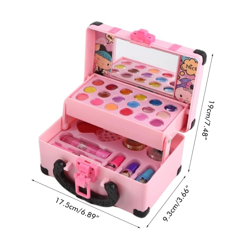 Close-up of a child's hands exploring a mini washable play makeup kit for girls