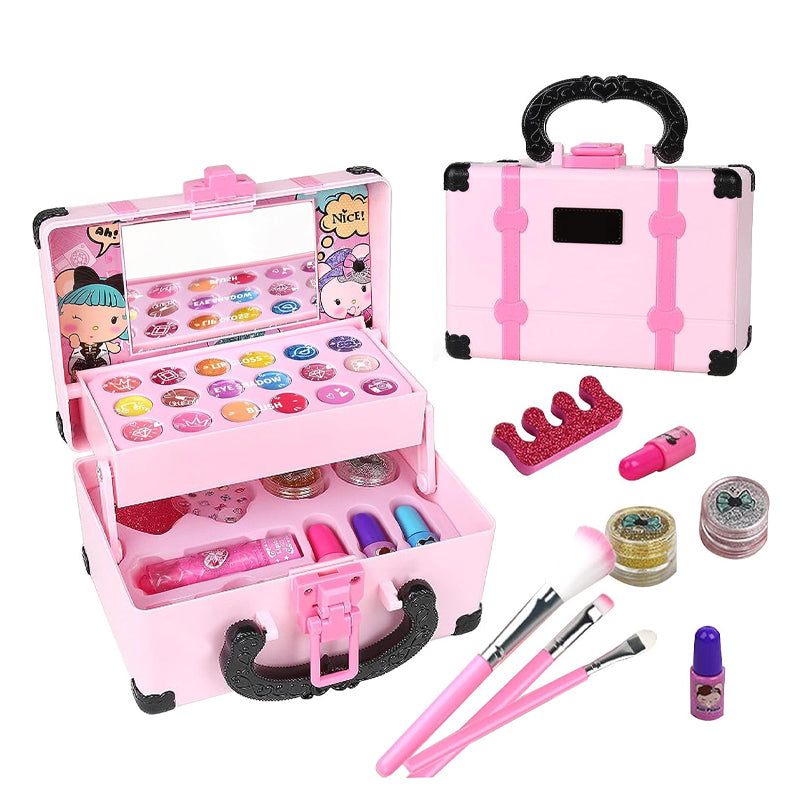 Two girls sharing a portable washable play makeup kit, a perfect non-toxic beauty gift