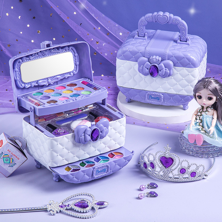 Open portable case of kids play makeup, showing colorful and safe cosmetics for girls