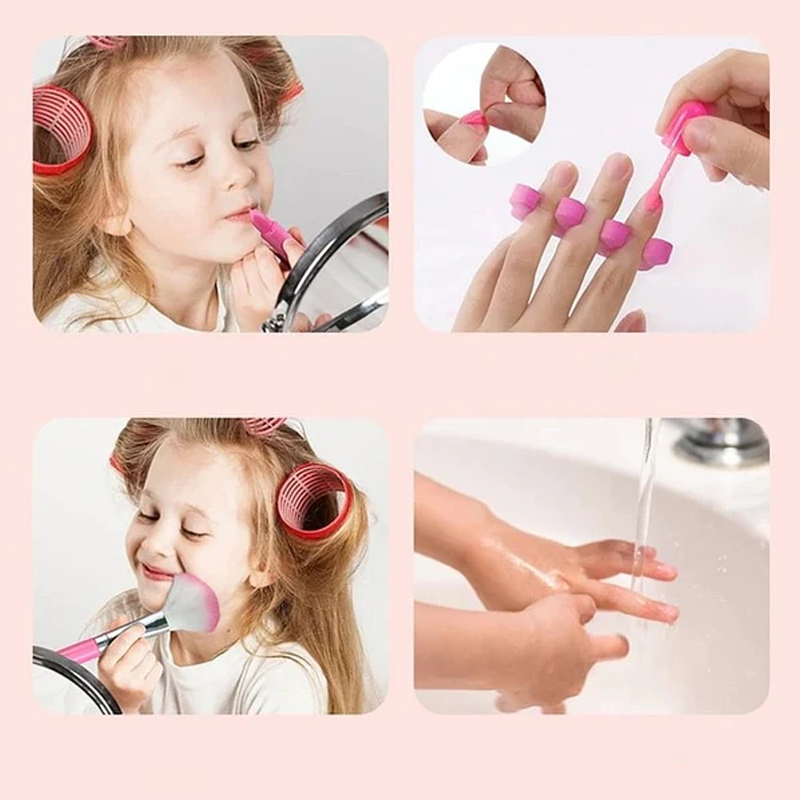 Close-up of a brush applying pretend blush from a girls play makeup set, educational fun