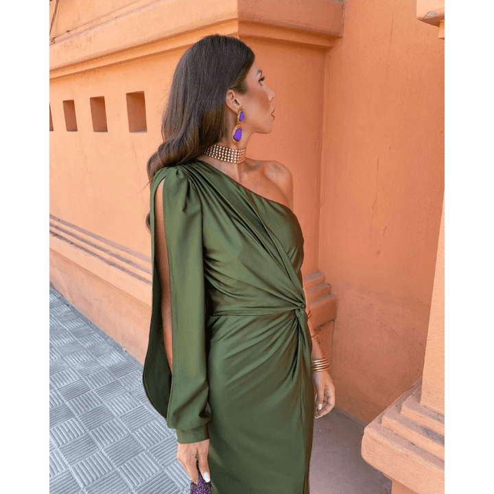 Stylish one-shoulder maxi dress, women's formal gown with draped sleeve, high slit & glamorous design.